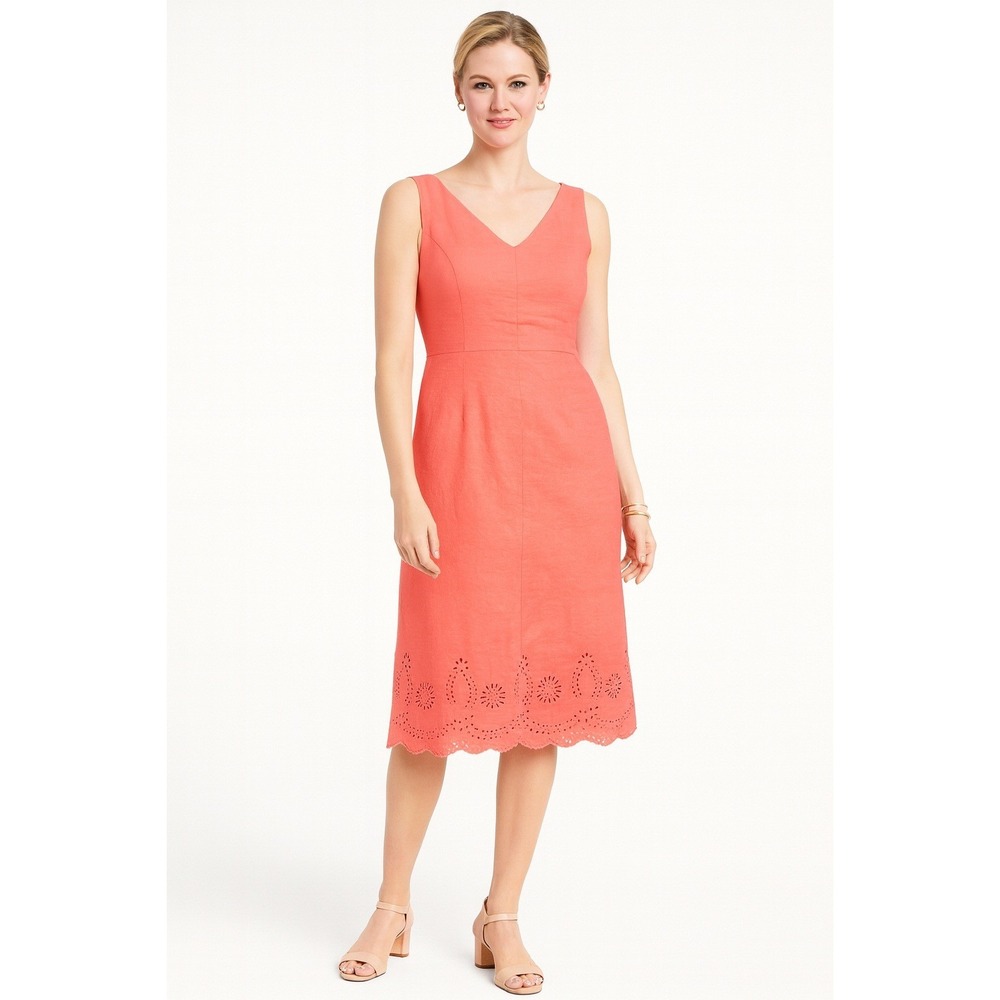 Vintage Women's Irish Linen Pink Eyelet Hem Fit and Flare Dress-‎ Size 12
